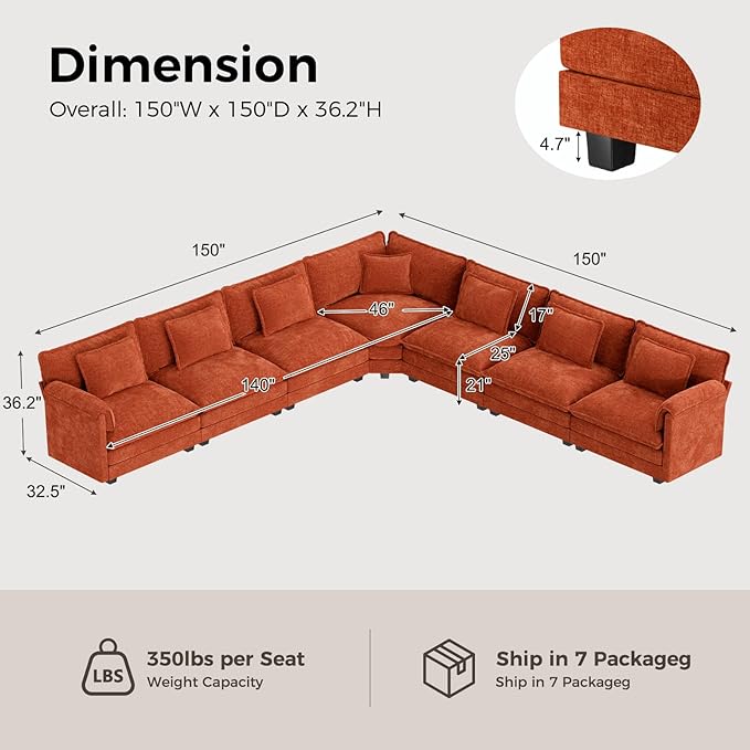 ELUCHANG 150" Oversized V-Shaped Cloud Couch Modular Sectional Sofa