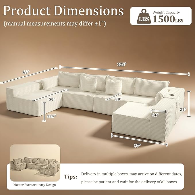138" Cloud Sectional Couch, Comfort U Shaped Sofa
