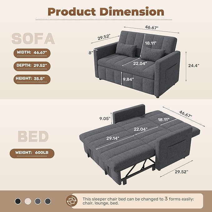Nebuaegis Sleeper Sofa Bed, 3-in-1 Convertible Pull Out Couch