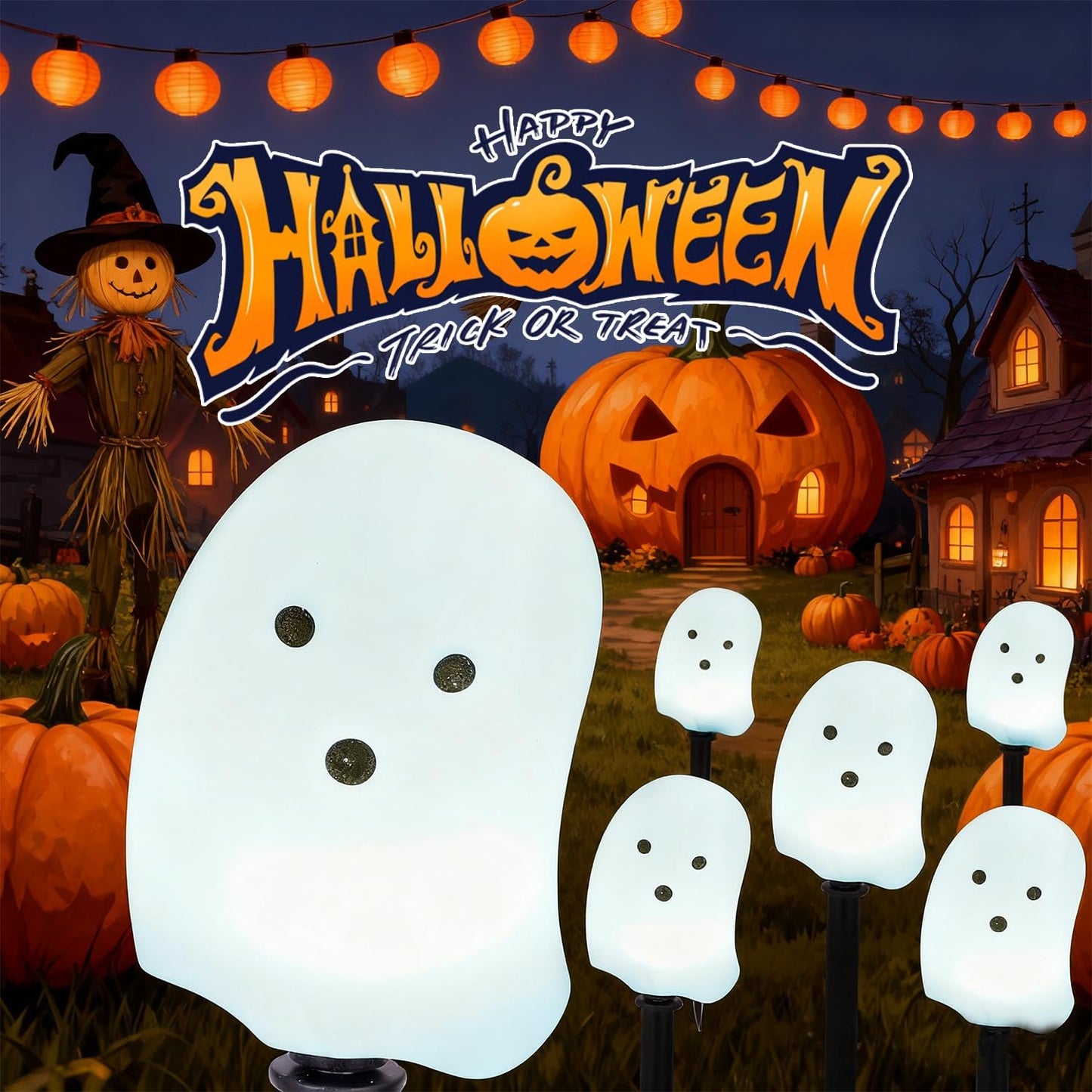 Halloween Solar Lights for Outdoor Decorations, 5 Pack Ghost Pathway Lights, Solar Ghost Lights for Garden, Yard, Party Halloween Decor（Dull）