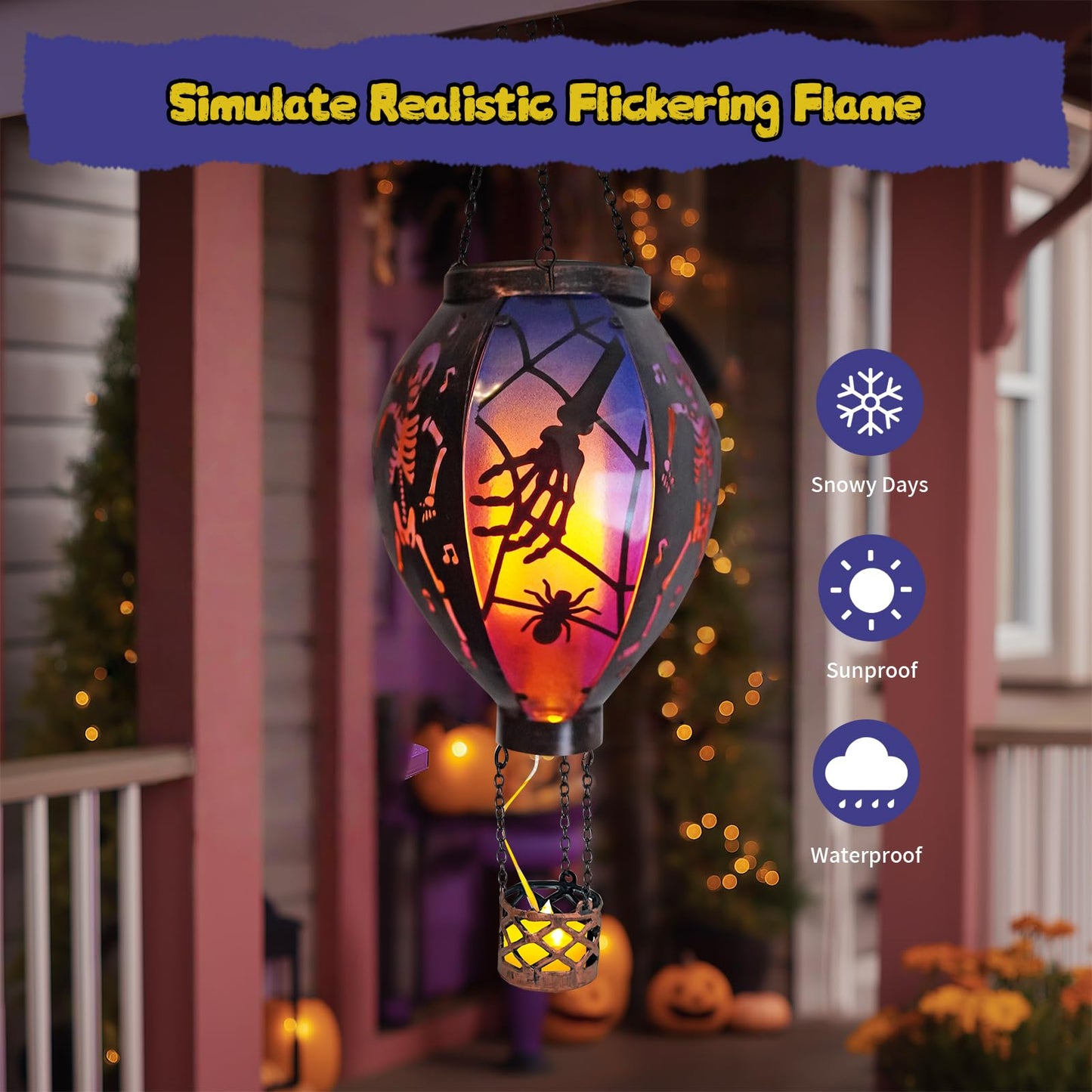 Halloween Outdoor Decorations Hot Air Balloon Solar Lantern with Flickering Flame, Hanging Outdoor Lanterns with Skull Pattern Hollowed-Out Design Halloween Party Decor for Garden, Patio (Halloween)