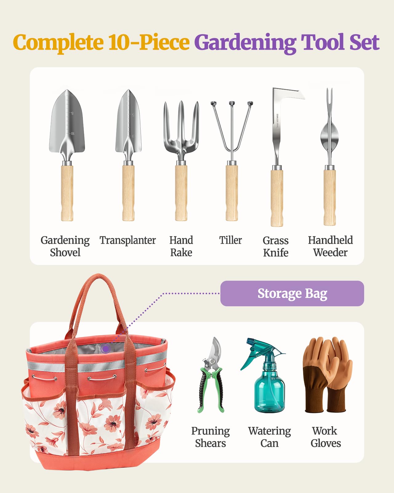 Floraxa 10 Pcs Heavy Duty Garden Hand Tools with Durable Garden Tools Handbag, Rust-Proof Garden Tool Set, Ideal Gardening Gifts for Women (Pink)
