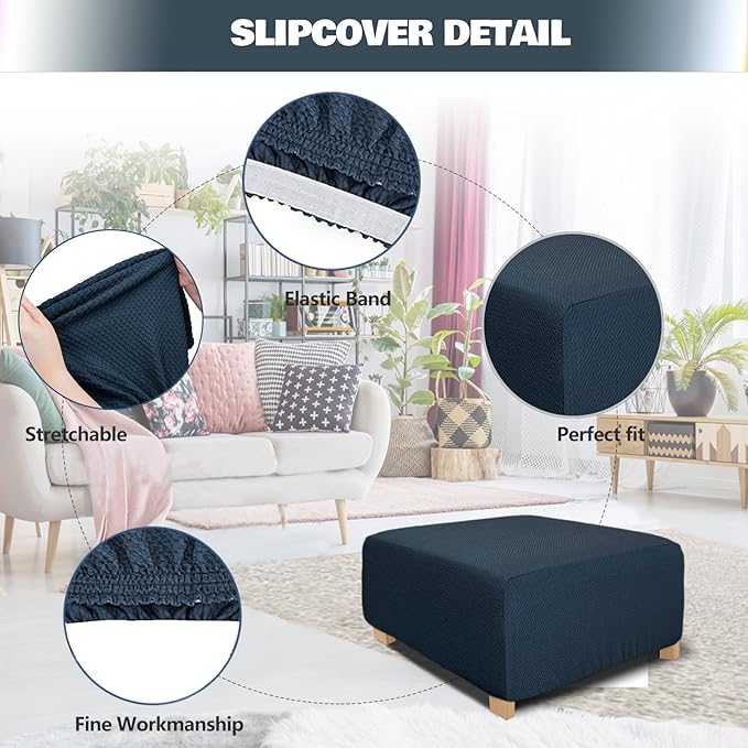 NeColorLife Square Ottoman Cover Jacquard Fabric Ottoman Slipcover Thick