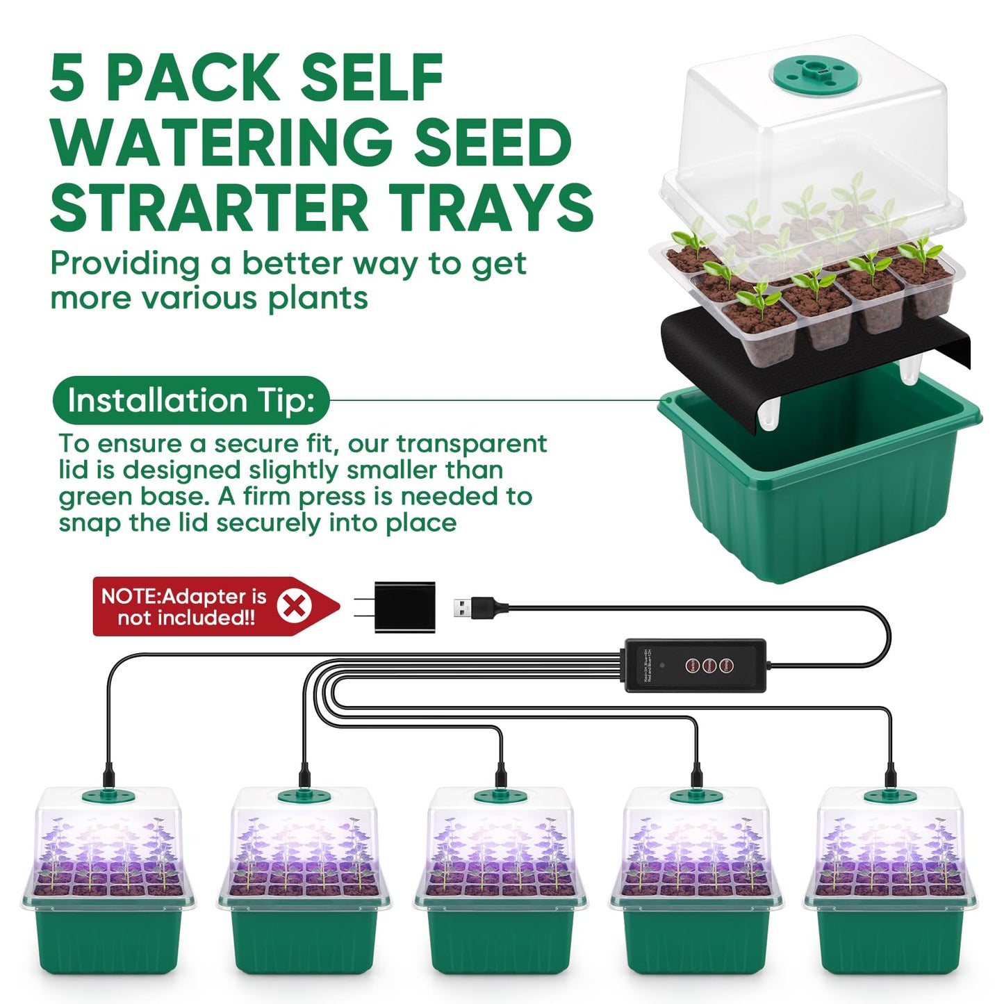 BlumWay Self-Watering Seed Starter Tray Kit with Grow Light and Humidity Dome,3 Color Growing Light,5-Pack 60-Cell Plant Seedling Tray,Reusable Plastic Germination Trays,Timed Light Plant Starter Set