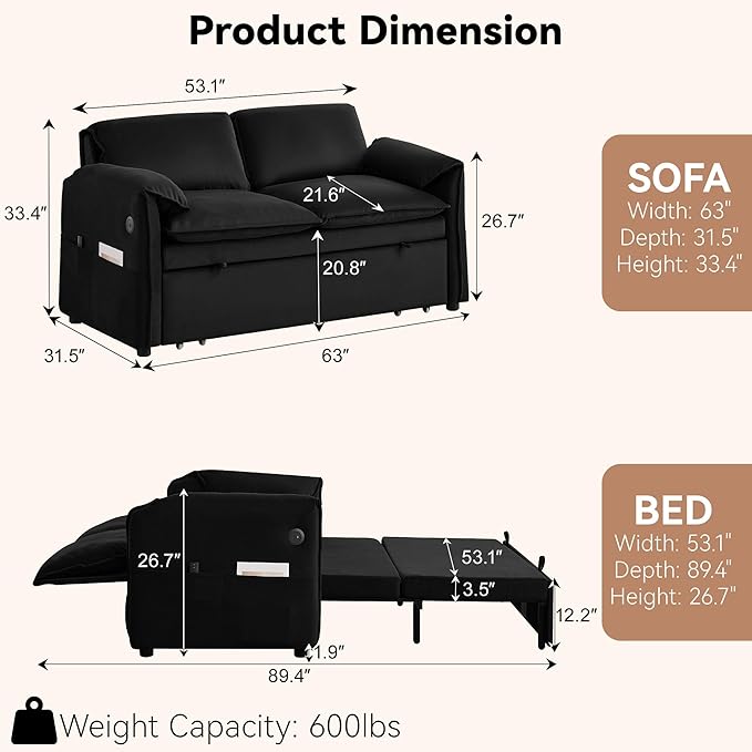 63" Velvet 3 in 1 Convertible Sleeper Sofa Bed, Pull Out Couch Bed Loveseat