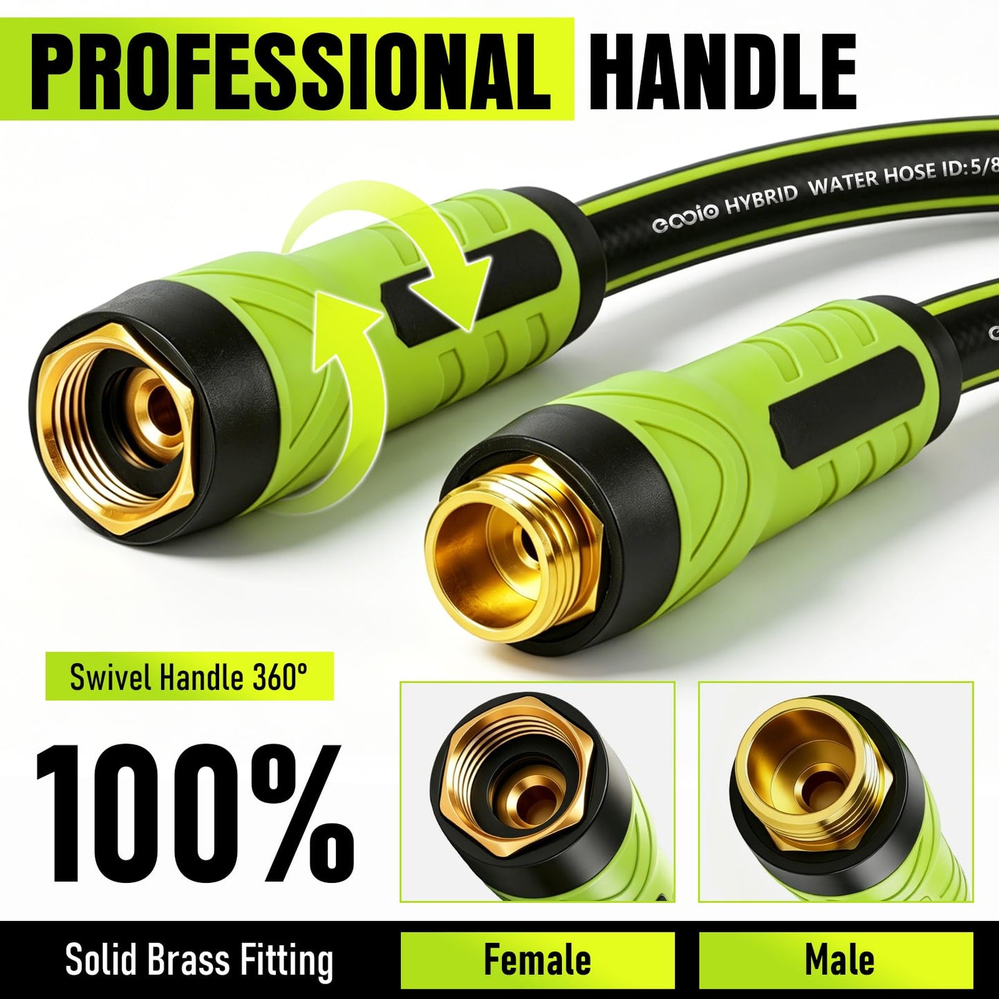 Garden Hose 50ft x 5/8", Heavy Duty Water Hose, Flexible and Durable, Kink Resistant Lightweight Hybrid Hose, Leakproof Yard Hose with Male to Female Fittings