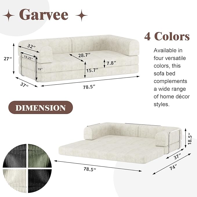 Garvee 78" Convertible Sleeper Sofa Bed, Plush Corduroy Futon Loveseat
