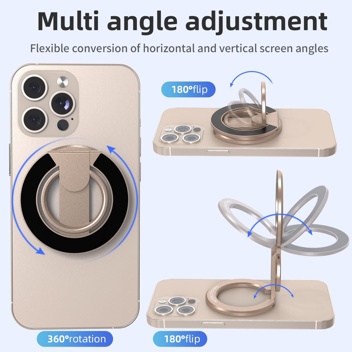 RESPECTED BRO-Magnetic-Phone-Ring-Holder with Dual Rings, Compatible with iPhone 17/16/15/14/13/12, Multifunctional Stand for Office, Gym, Kitchen & All Metal Surfaces, Finger Loop Grip (Desert Gold)