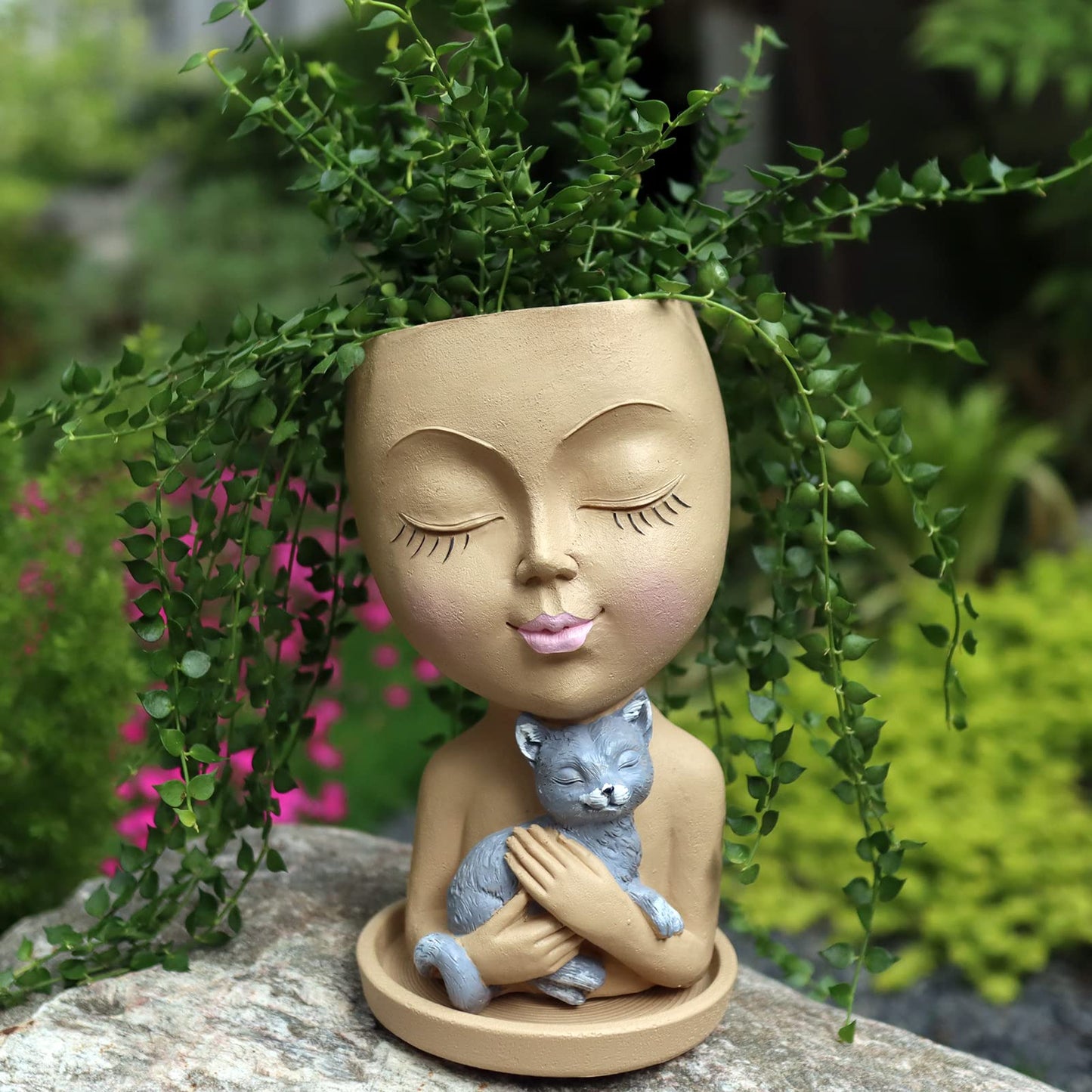 Dolkgy Cute Face Planter with Cat Head Planter Pot for Indoor Outdoor Plants, Succulent Planters with Drainage, Decorative Flower Pots for Home Garden Office Décor