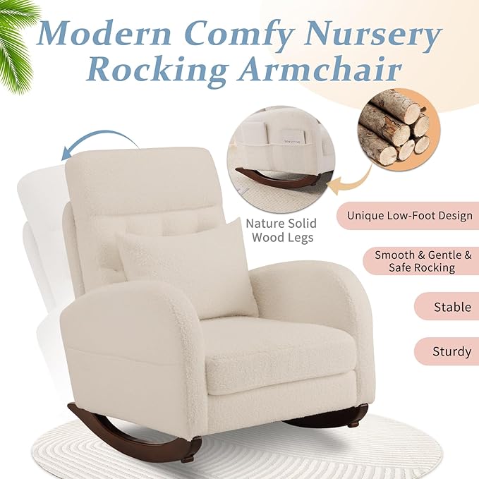 VINGLI Teddy Fleece Low Seat Rocking Chair, Boucle Upholstered Nursery Glider