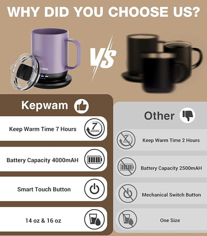 Kepwam Self Heating Coffee Mug T1-16oz Fast Heating & Ultra Long-Lasting Battery Life, Heated Coffee Mug Up to 149℉ - Touch & App Controlled Coffee Mug, Birthday Gifts for Women and Men