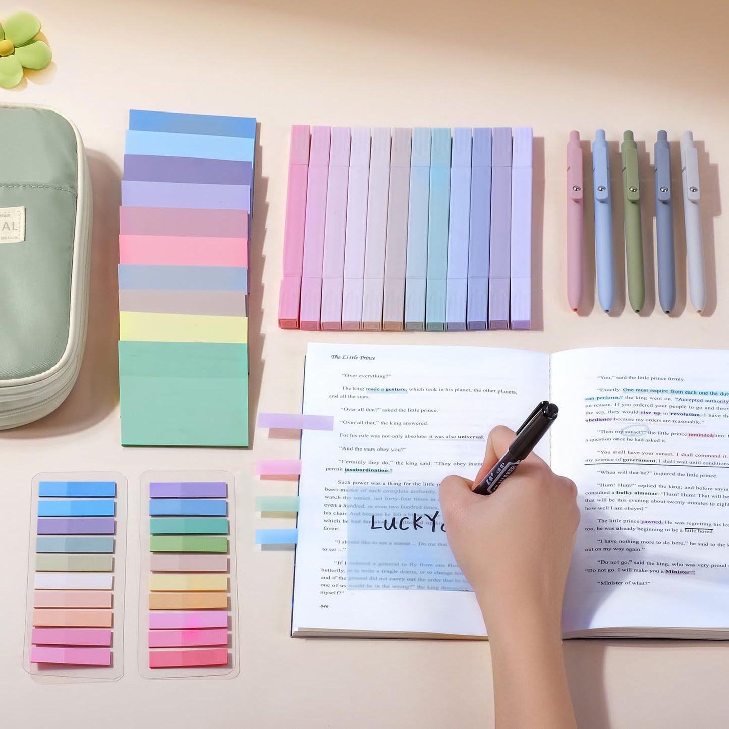 KOUDGY 49Pcs Book Annotation Kit - Aesthetic School Supplies with Cute Pen Case Highlighters Gel Pens and Marker, Sheets Transparent Index Tabs Sticky Notes Bible Study Supplies(Green)
