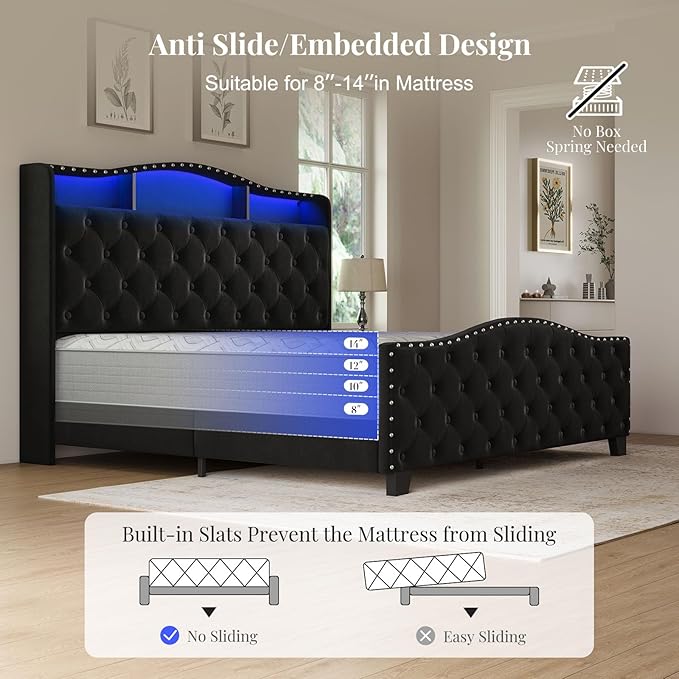 Belffin Queen Size Bed Frame and Headboard, 50.9" Velvet Upholstered Wingback