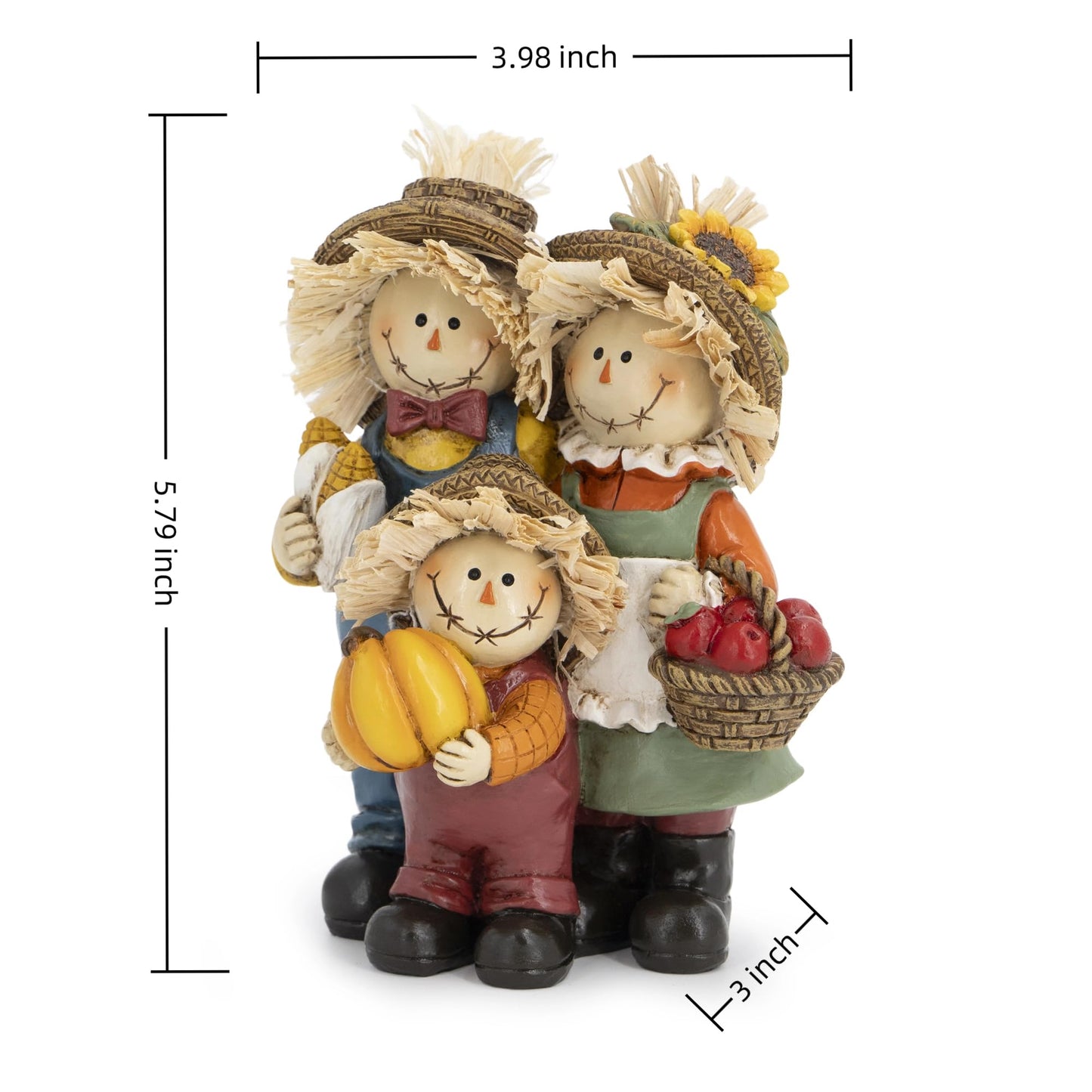 Hodao Thanksgiving Decorations for Table, Resin Fall Thanksgiving Scarecrow Family Figurine with Pumpkin, Corn & Apple Basket, Festive Gift for Autumn Home Decor