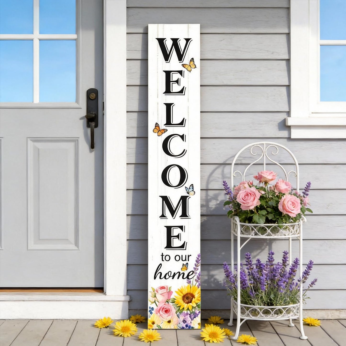 Welcome Sign for Front Door, Large 47 inch Wood Framed Welcome to Our Home Sign with Spring Flower Print & Hanging Rope, Vertical Farmhouse Wooden Board Standing for Outdoor Yard Patio