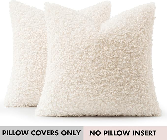 Faux Fur Throw Pillow Covers 20x20 Inch Set of 2 Boucle Neutral Decorative