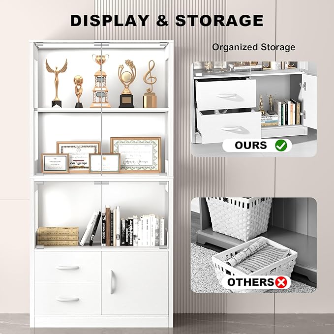 Display Cabinet with Glass Doors, 4-Tier Display Case with 3-Color Lights &