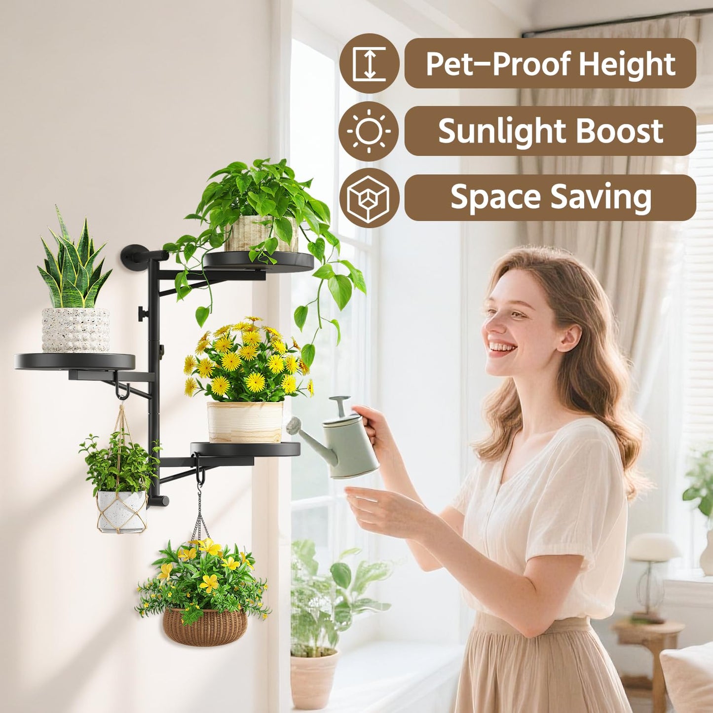 LASZOLA Rotating Plant Hangers Shelves Wall Mounted Indoor, 3 Tier Metal Window Plant Hanging Holders, Morden Floating Flower Display Stand with 2 Hooks for Kitchen Bathroom Decor, Black