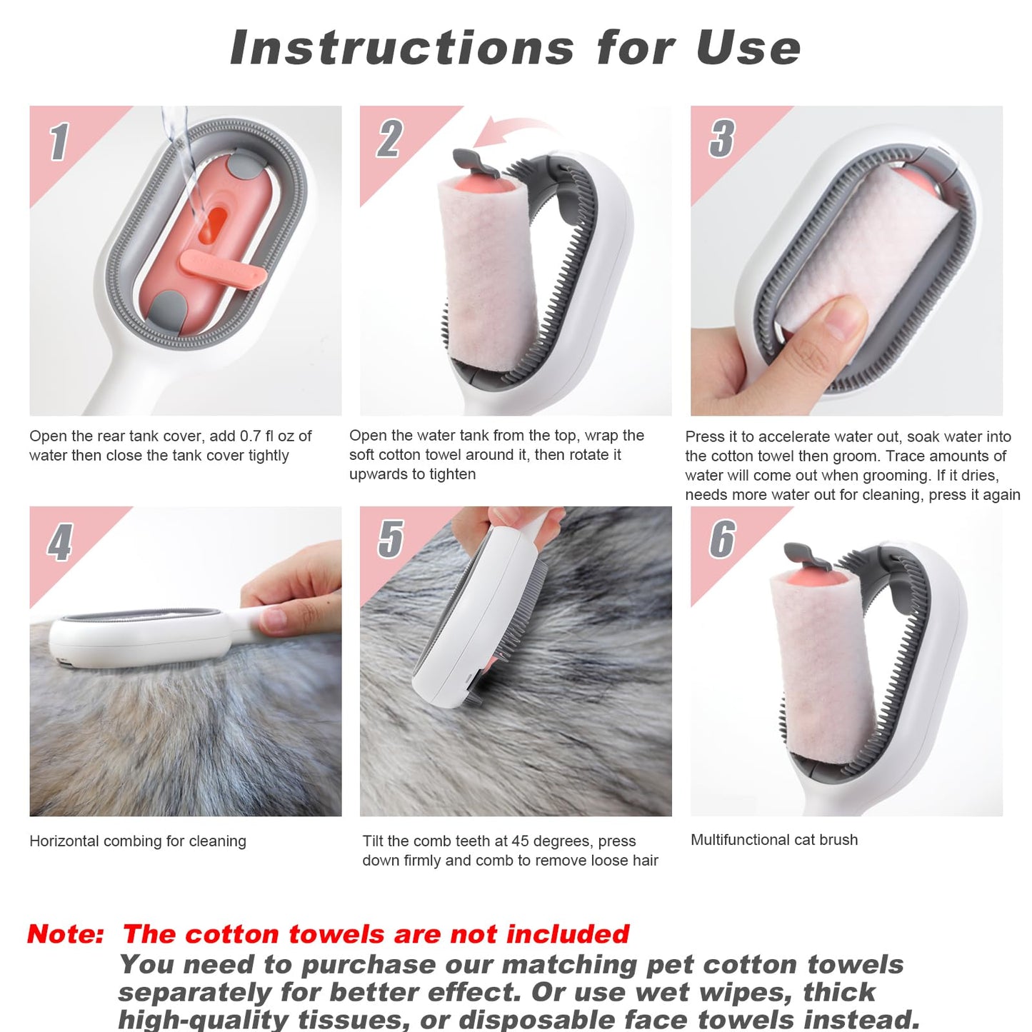 Water Brush for Cats Dogs, 4 in 1 Pet Grooming Bath Brush, 2 in 1 Cleaning Brush Cat, Wet Cat Comb, Pet Hair Removal Comb with Water Tank, Sticky Brush 2.0 (Towels Not Included)
