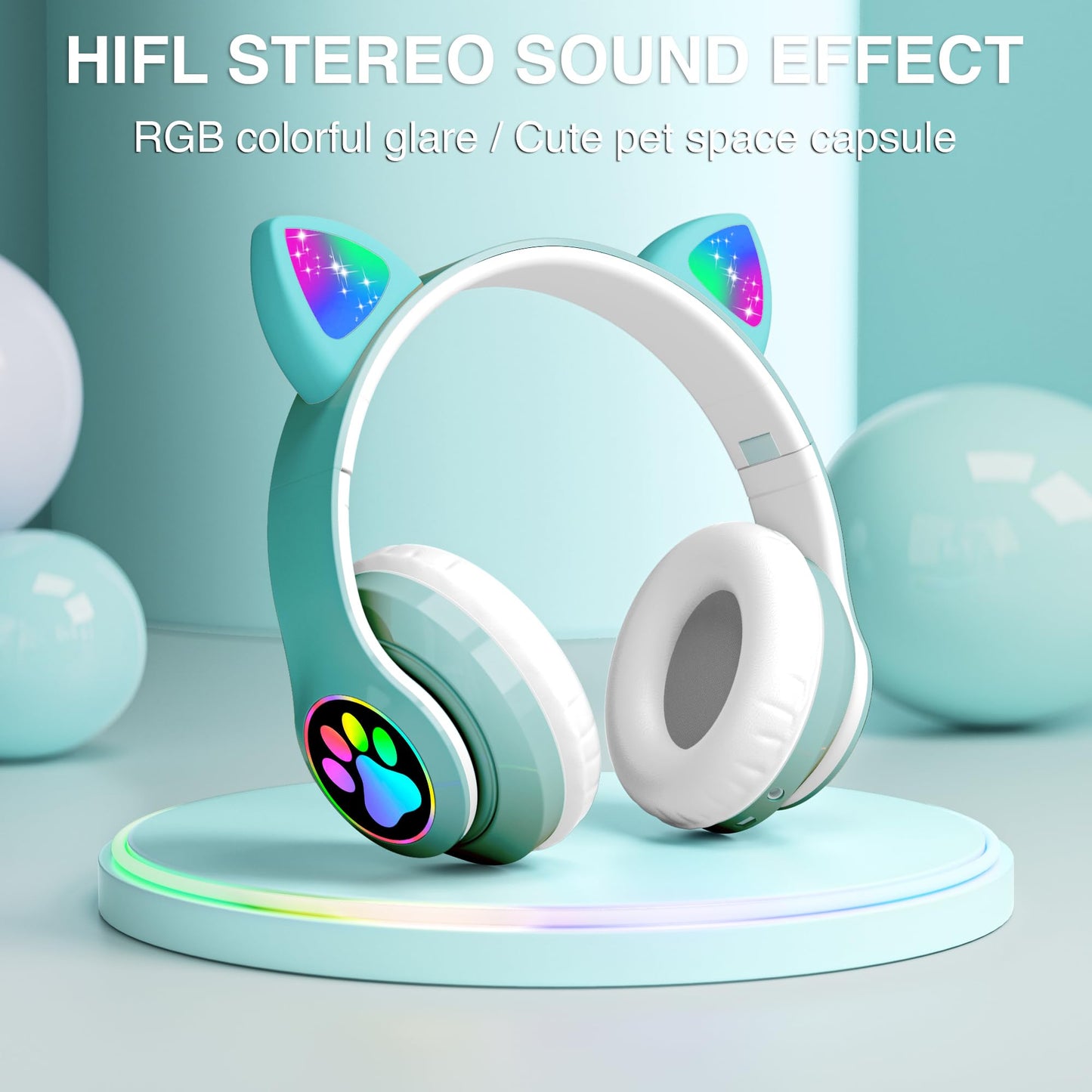 KERHAND Bluetooth Headphones for Kids, Cute Ear Cat Ear LED Light Up Foldable Headphones Stereo Over Ear with Microphone/TF Card Wireless Headphone for iPhone/iPad/Smartphone/Laptop/PC/TV (Green)