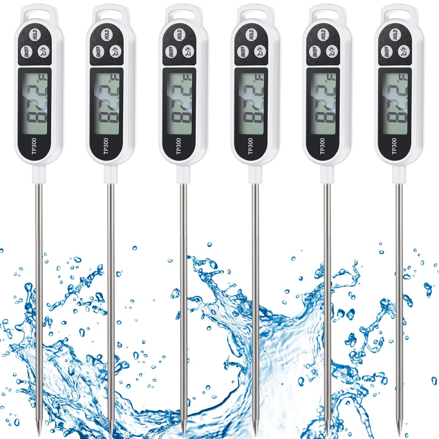 6 Pcs Instant Read Meat Thermometer with Long Probe 9.65 Inch Kitchen Cooking Food Candy Waterproof Digital Thermometer for BBQ Water Milk Yogurt Liquid (Round&Square Ring,Black,White,Red)