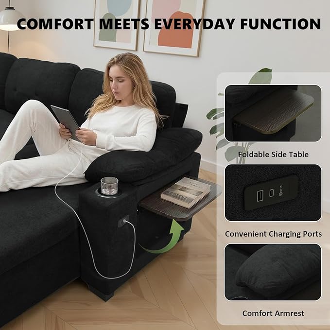 KCGKCG 93" L Shaped Sleeper Sofa Bed, Pull Out Sectional Couch