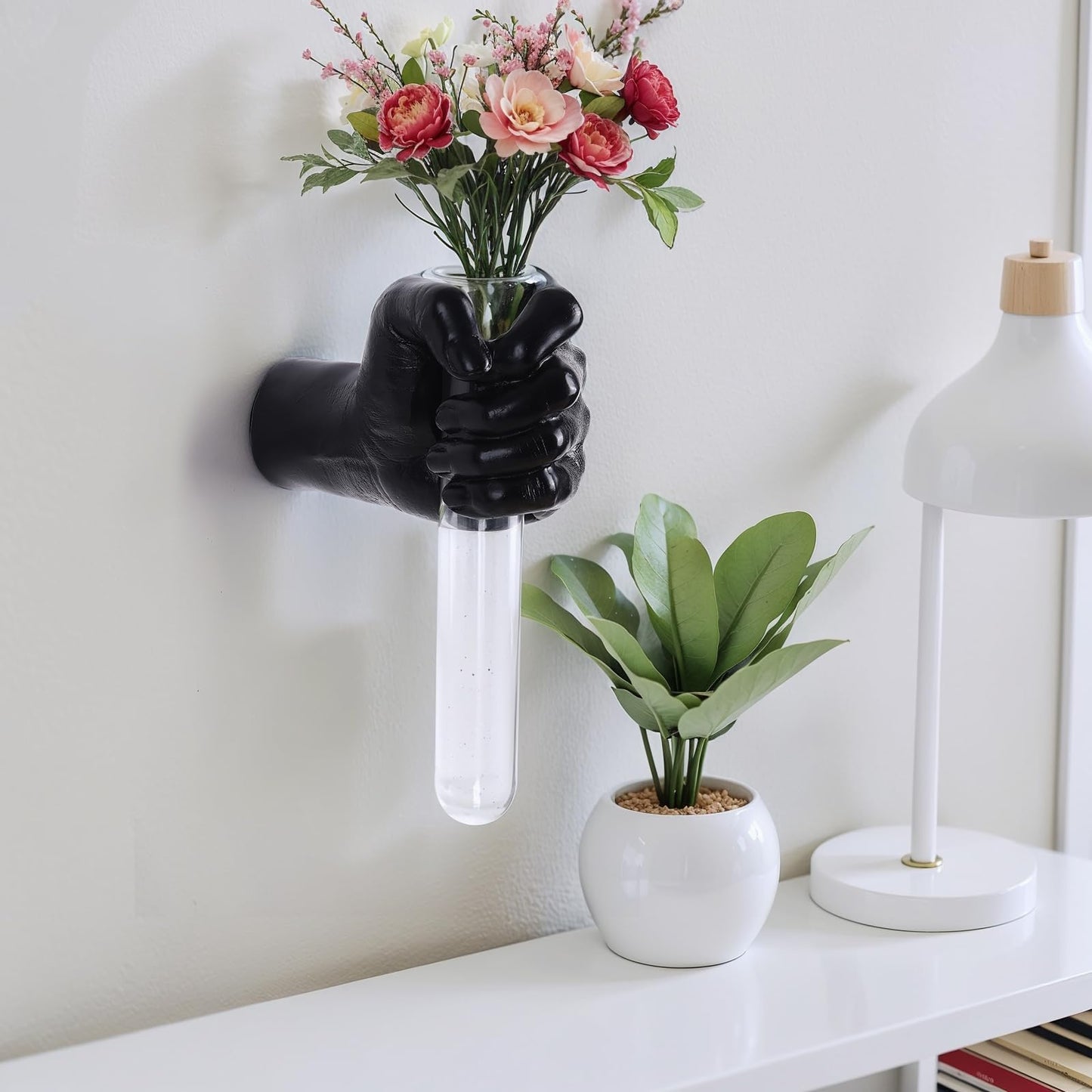 XYQXYQ Black Wall Sculptures, Hand Vases Home Decor, Wall Mount Art Sculpture, Unique Wall Art Statue, Funky Flower Vase Decorations, Modern Eclectic Hanging Decor,Glass Test Tube Vase
