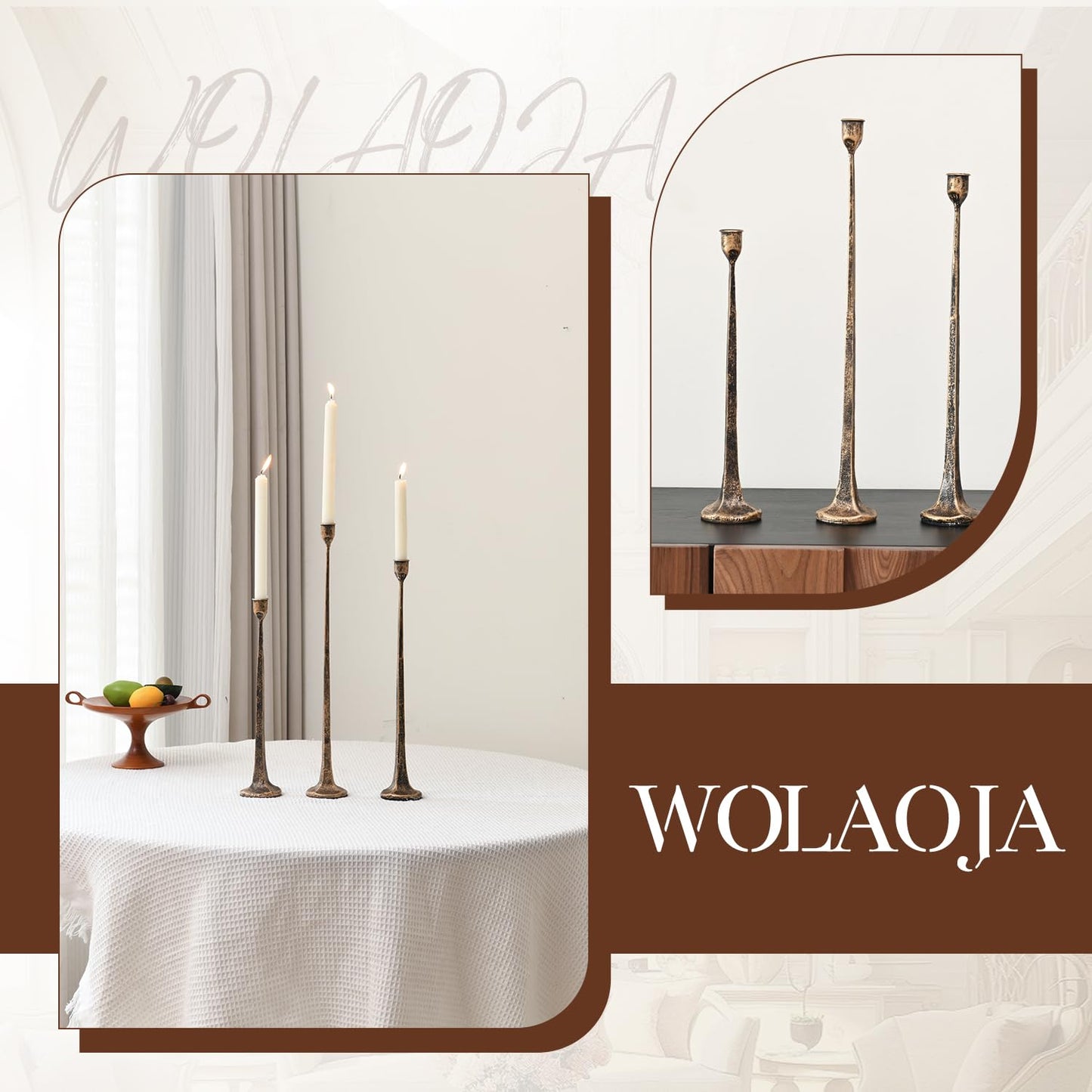Set of 3 Candle Stick Holders, Iron Antique Gold Candlestick Holders, Fits 3/4 inch Thick Candles, Tapered Candle Holders Tall Set for Dining Table, Wedding, Home Decoration