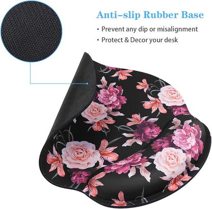 WAVEYU Mouse Pad with Wrist Support, Cute Designed Mouse Mat, Non-Slip Rubber Base Mousepad for Laptop, Computer, Black Flower