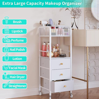 HapiRm Rolling Makeup Cart Organizer - Floor Skincare Make Up Storage with 3 Non-woven Fabric Drawers, Vanity Organizer Cosmetic Display Cases Holder for Skin Care Perfume Nail Polish Brush Hair Tool