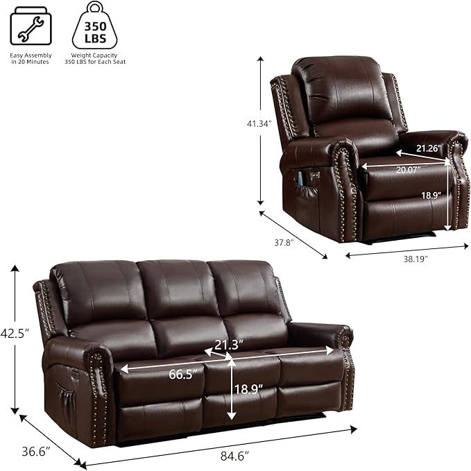 EBELLO 2 Piece Power Faux Leather Recliner Sofa Set, Reclining Living Room