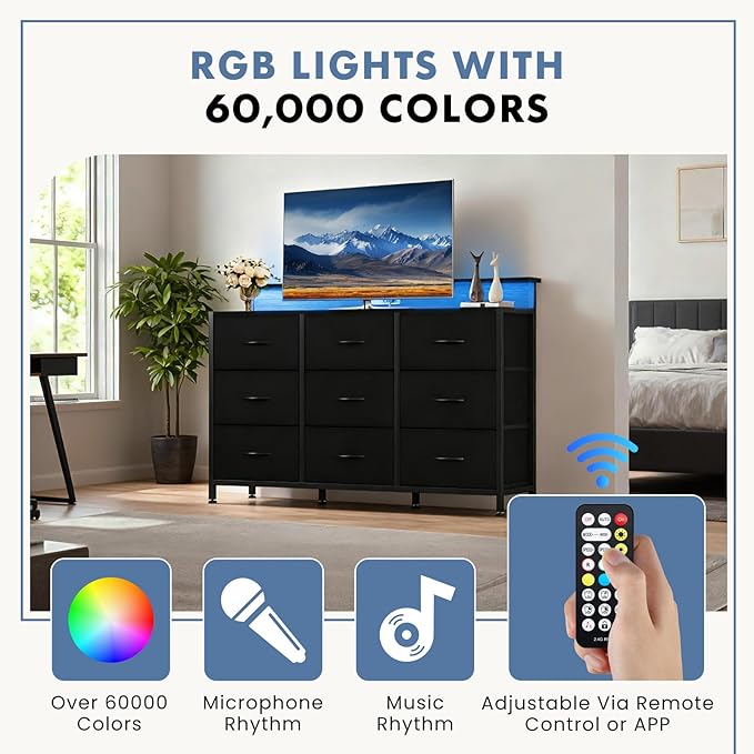 DUMOS TV Stand Dresser with 9 Fabric Drawers and Open Shelves, Entertainment