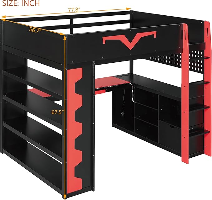 Full Size Gaming Loft Bed with Integrated Desk & RGB LED Lights, Pro-Gamer Bunk