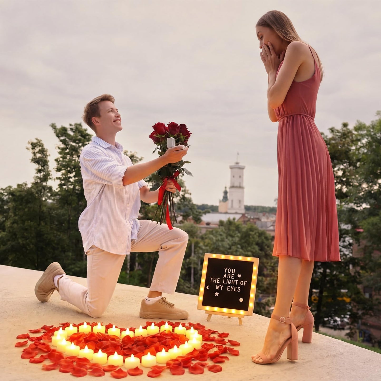 Grinsvalley LED Felt Letter Board with Rose Petals and Candles Set, Word Board with Letters, Artificial Rose Petals Flameless Tea Light Candles for Special Night Wedding Romantic Decorations