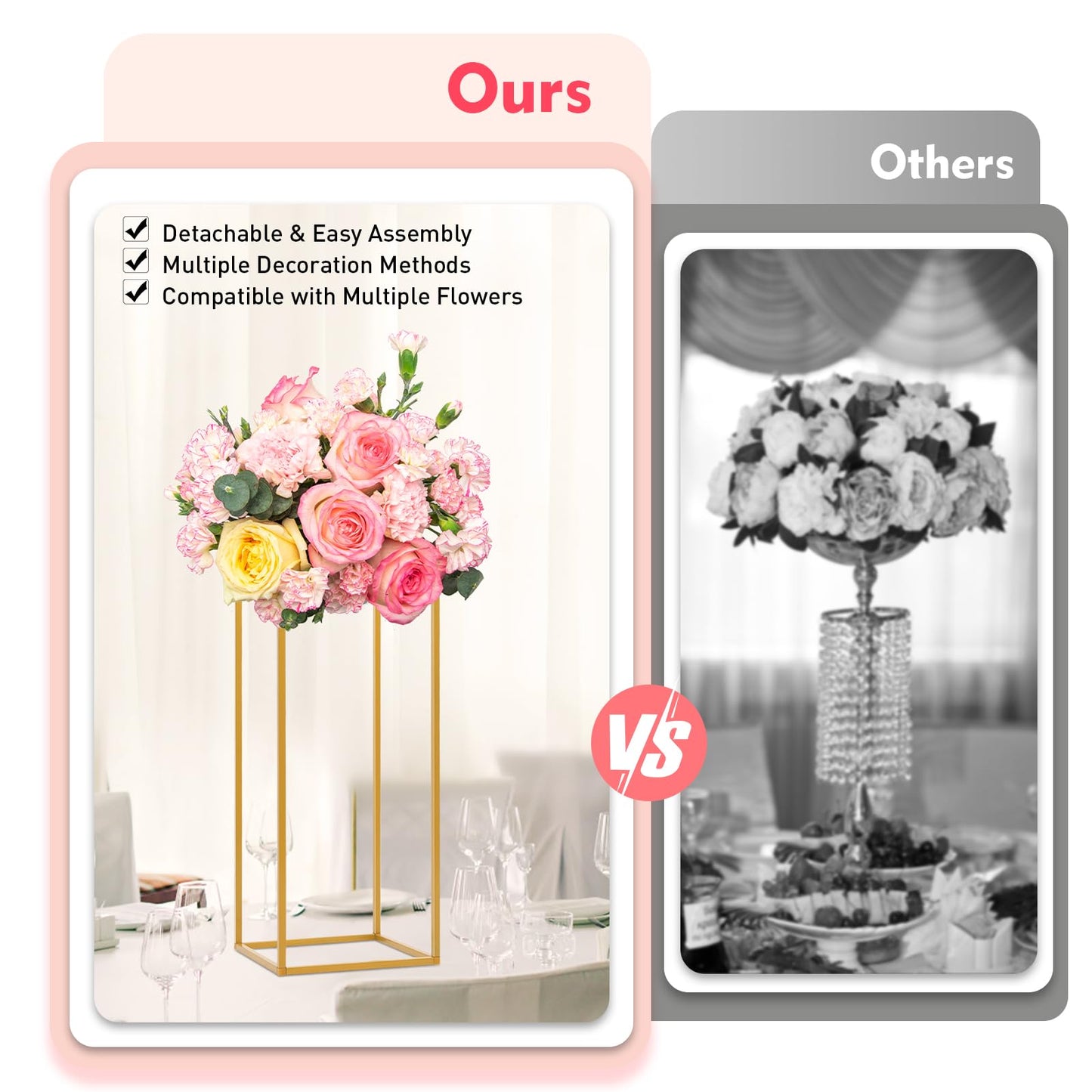 4 Pcs Inweder Column Vases Wedding Centerpieces, Different Sizes Gold Floor Vase, Tall Metal Vase Column, Rectangular Geometric Flower Rack，for Wedding Decorations, Event, Home, Party(16",24",32",40")