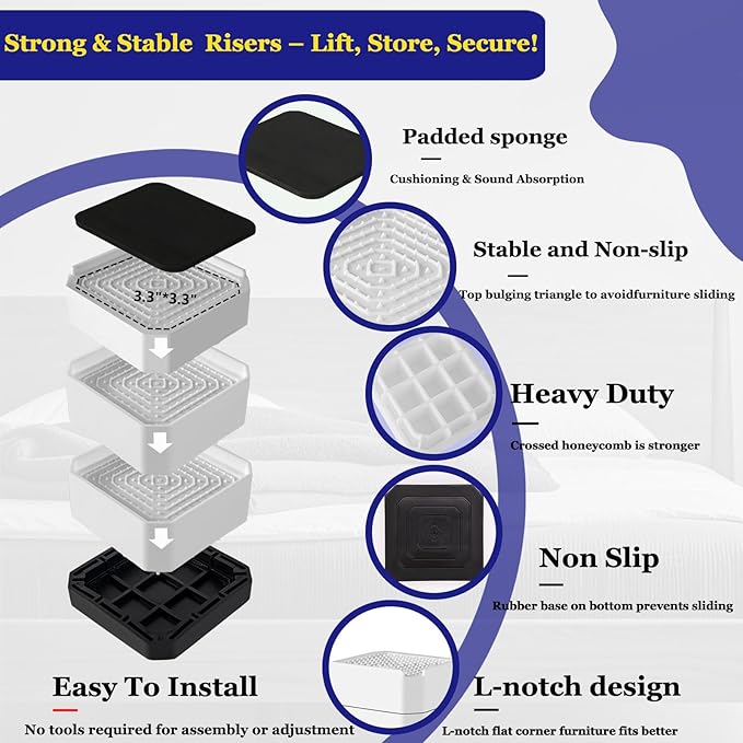 Bed Risers Heavy Duty, Adjustable Furniture Riser Blocks Lift 1.5, 4.3 inches
