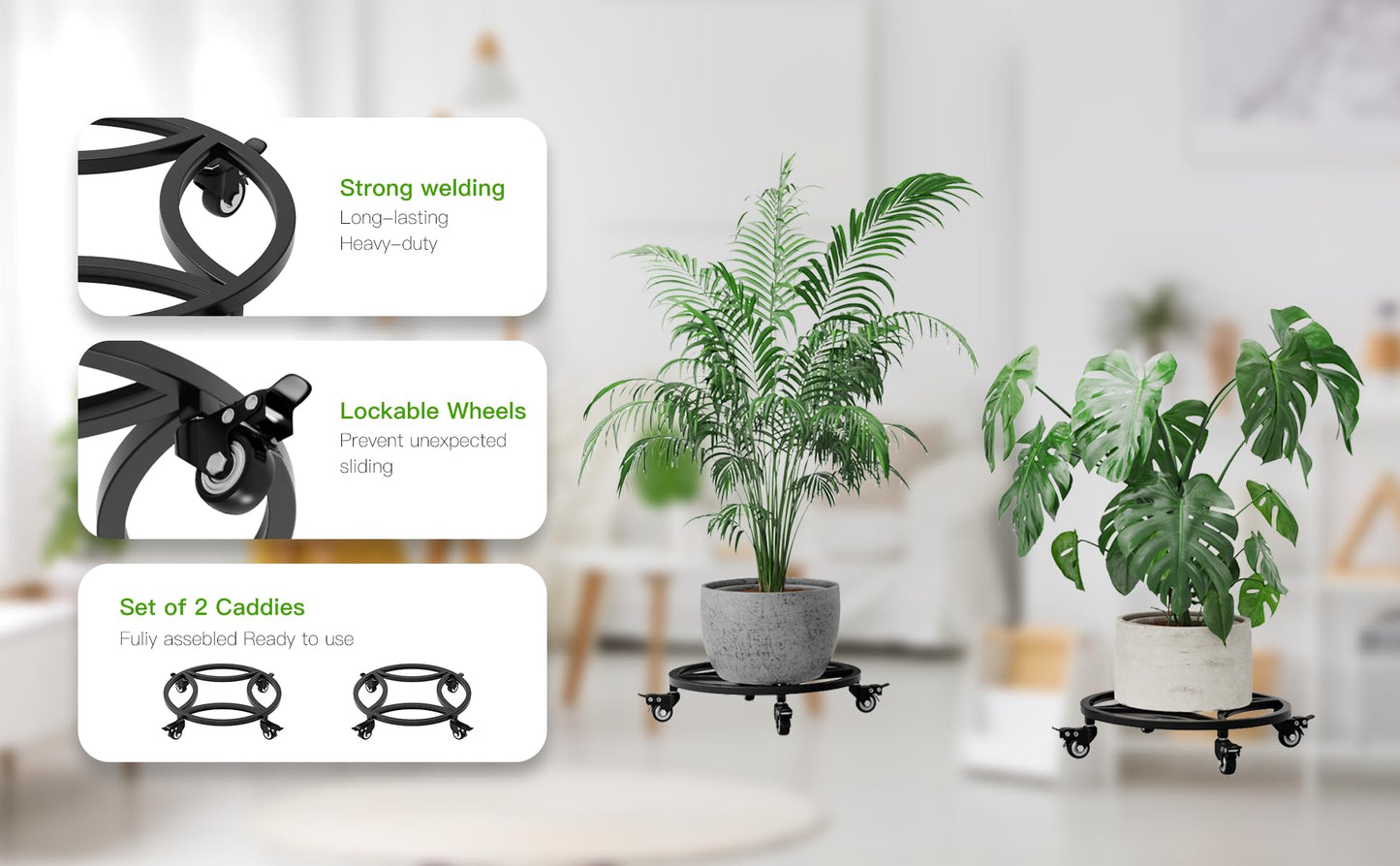 Zhongma 2 Pack Dia.15" x 3.5" H Round Plant Caddy with Wheels, Fully Assembled, Heavy Duty Construction, 300 Lbs Capacity, Load-Bearing Wheels with Brakes, No Installation Required