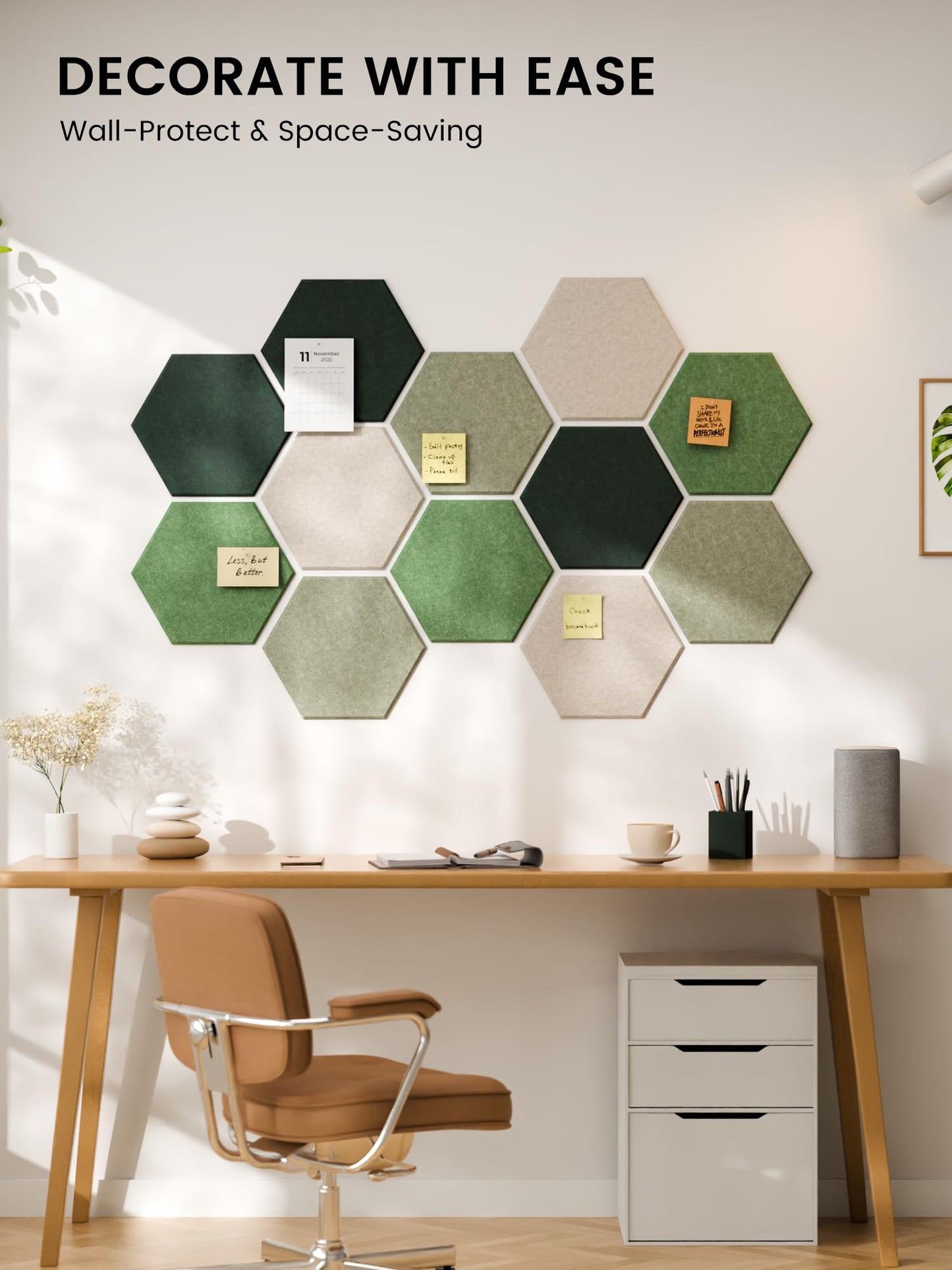 Fluxynara Hexagon Cork Board Alternative for Walls Decor-12-Pack Felt Bulletin Board Tiles,with 30 Pushpins,70 Adhesive Tabs for Office,Classrooms & Home Pin Board Felt Board-Sagewood