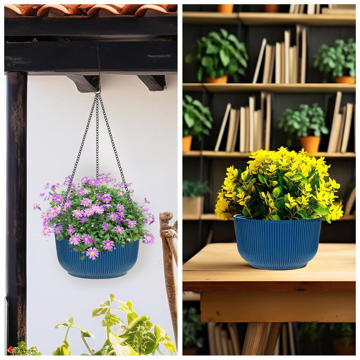 RooTrimmer Hanging Planters 9/10/11 Inch for Indoor Plants, 3 Pack Plant Hanger Outdoor with Drainage Holes, Self Watering Hanging Basket Flower Pot for Garden Home Decor, Dark Blue