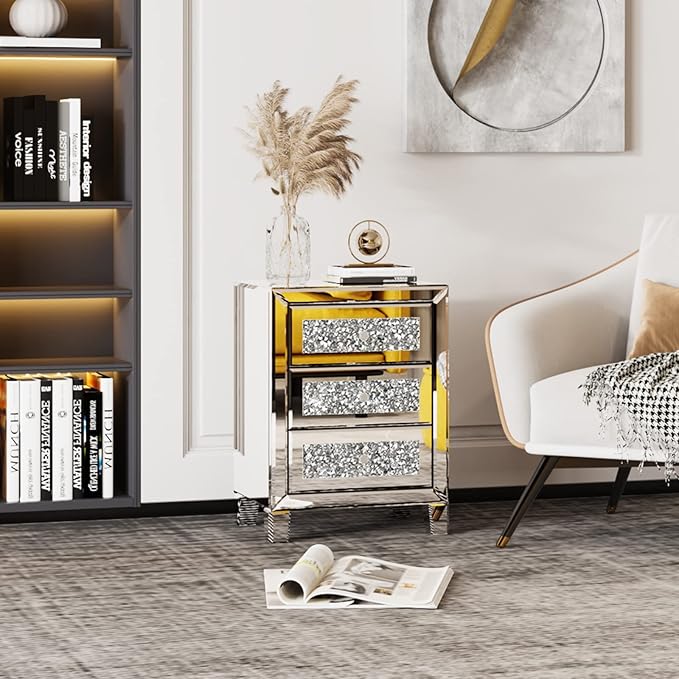 VINGLI Mirrored Nightstand Set of 2, Mirrored Side/End Table