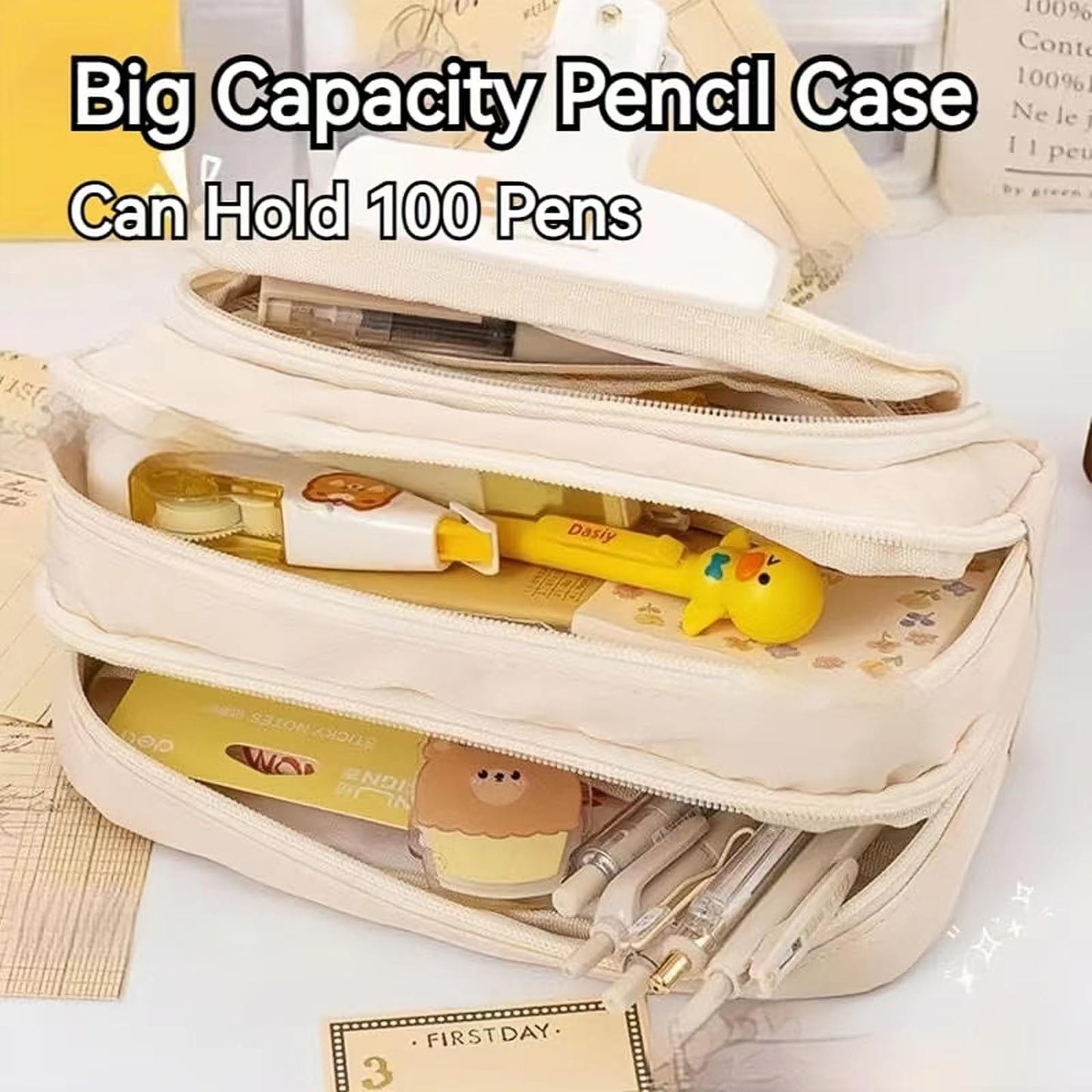Onlvye Big Capacity Pencil Case 3 Compartments Large Pencil Pouch Pen Bag Pencil Box Holder Organizer Simple Storage Aesthetic Stationery Cosmetic for Adults Men Women Office Essentials (White)