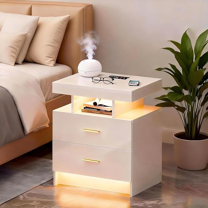 Smart Night Stand with Charging Station, Modern White Nightstand with 24 Color