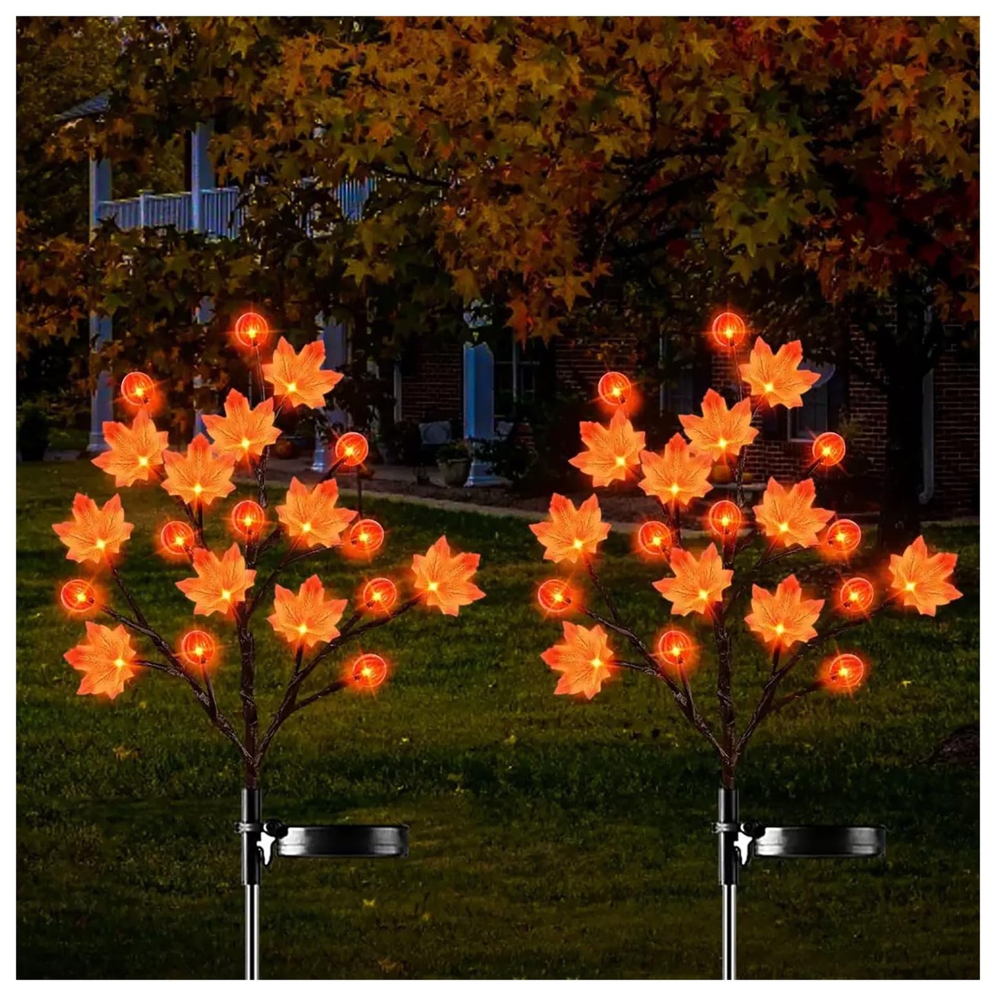 2 Pack 40LED Solar Outdoor Maple Leaf Lights for Fall Decor-3D Maple Pumpkin Thanksgiving Lights with 2 Modes | Waterproof Solar Garden Lights for Yard, Pathway, Halloween, Christmas Decorations