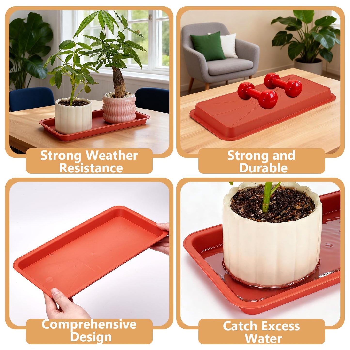 INTERWARM 16 Pack Rectangular Plastic Plant Saucers Tray Bulk, 13x6.7Inch Large Plastic Plant Drip Trays Flower Pot Drip Trays for Indoor and Outdoor No Holes Window Shelf, Indian Red