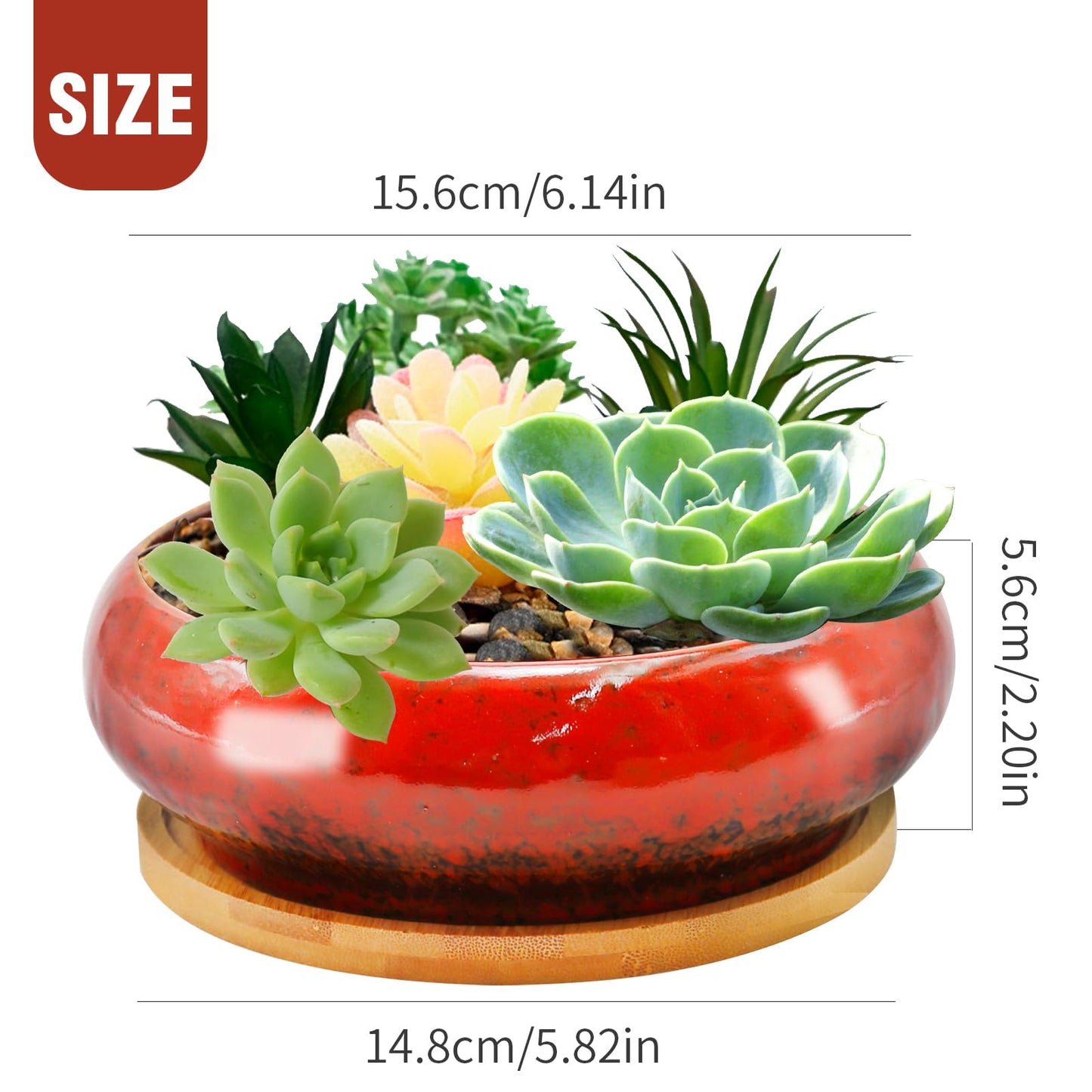LIDSCURA 7.4 inch Ceramic Bonsai Pots with Trays Shallow Planters, Succulent Planters with Drainage Hole, Round Large Shallow Pots, Bonsai Pots Garden Decorative Cactus Stand Flower Container (Red)