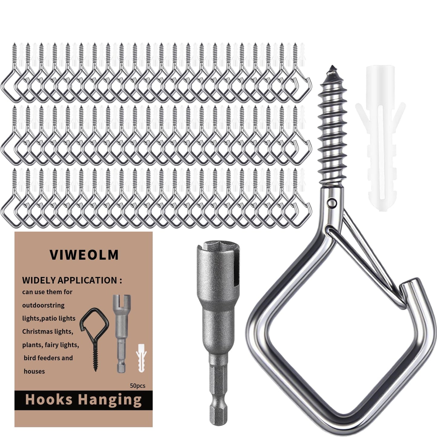Viweolm Screw Hooks for Hanging, 304 Stainless Steel Ceiling Hooks for Outdoor String Lights, Wind Chimes, Lanterns, Plants, and Decorations – Indoor and Outdoor Use (Stainless Steel, 50 pcs)