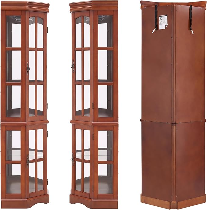 Corner Curio Cabinet with Lighting System, Adjustable Tempered Glass Shelves