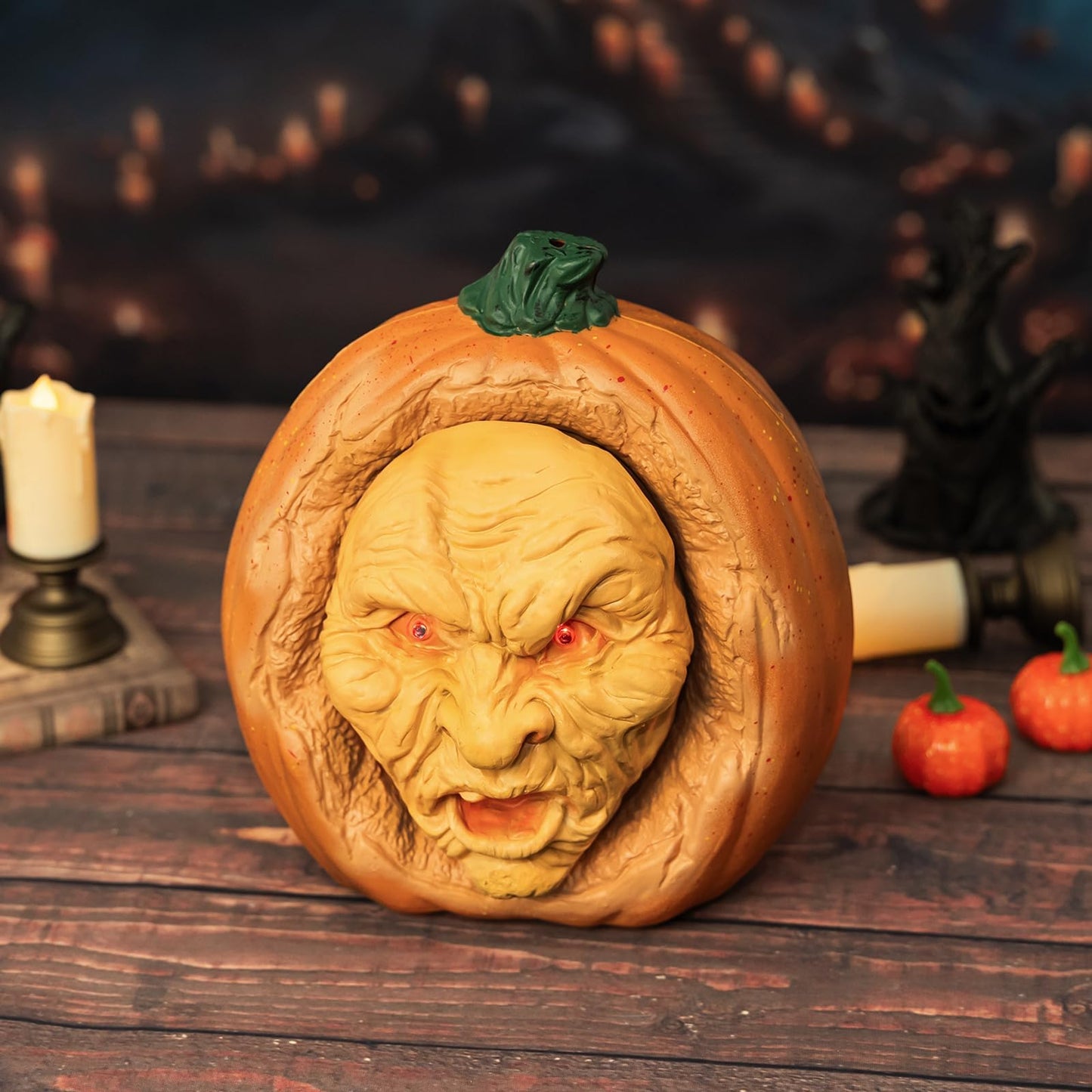 SeasonFable Whispering Gourdon Halloween Animated Pumpkin, Resin, Flickering Red LED Eyes, Eerie Talking Effect, Battery Powered, Horror Style, Indoor Decor