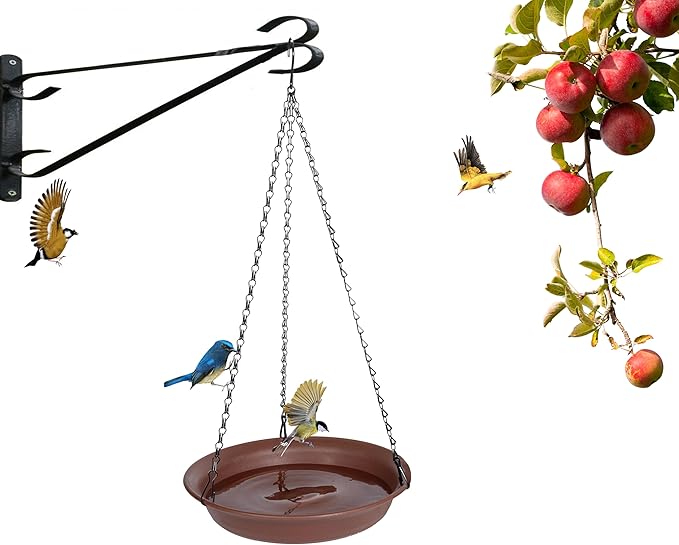 VUWEZ Hanging Bird Bath, Hanging Bird Water Feeder for Outdoors, Feeder Bowl, 2 Pack Birdbath Tray Accessories for Outside, Plastic Birdbaths Tray for Garden Patio Decoration (10", Chocolate)