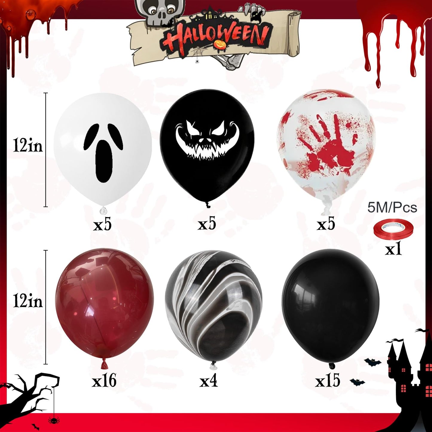 Halloween Bloody Balloons 12 Inch 51 Pcs Red and Black Scary Balloons with Ghost Expression Print Balloon Crimson Vivid Red Blood Hand Marble Balloon for Spooky Haunted House Scream Creepy Decor